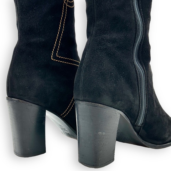 Bruno Magli Black Suede Orange Stitch Tall Block Heel Boots sz 36 - Picture 8 of 11